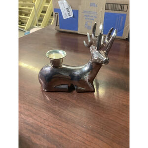Silver Plated Reindeer Taper Candle Holder Sitting Deer 4.5”x4.5”1.5”